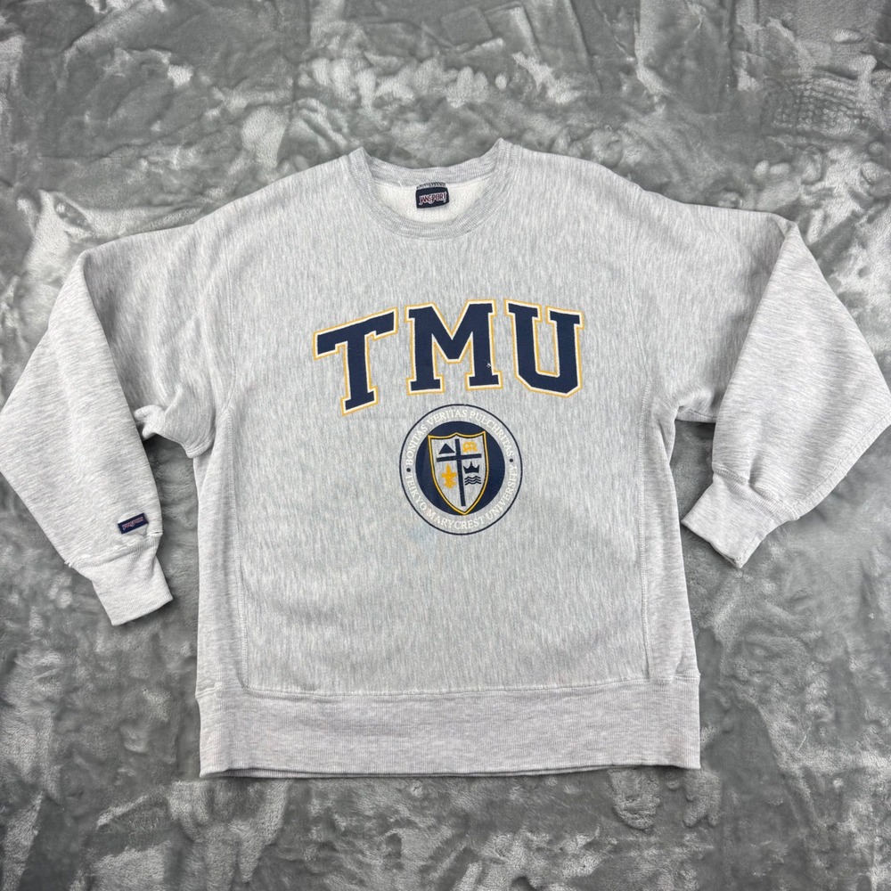 Vintage Jansport TMU Teikyo Marycrest University Sweatshirt‎ Grey XL Distressed